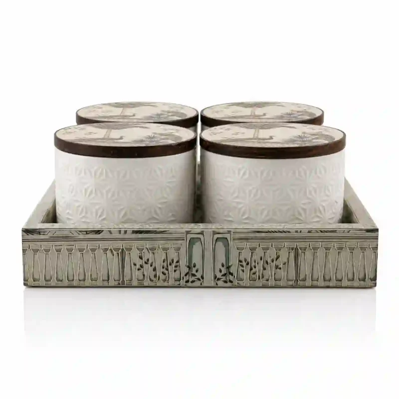 Condiment 4 Pcs Jar Set with Tray- And Lids (Set of 1)