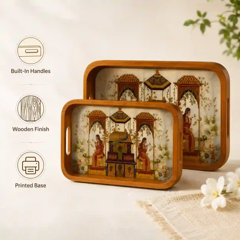 Multipurpose Wooden 2 Pieces Tray-Rectangle Serving (Set of 1)