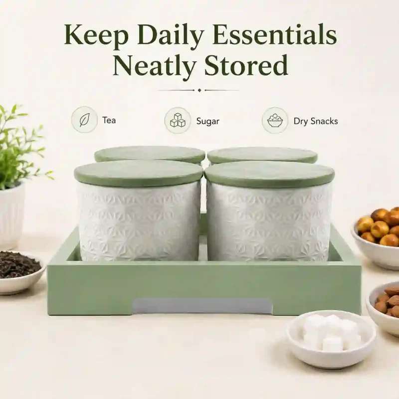 Green Storage Jars 4 Pieces with Tray-Food (Set of 1)