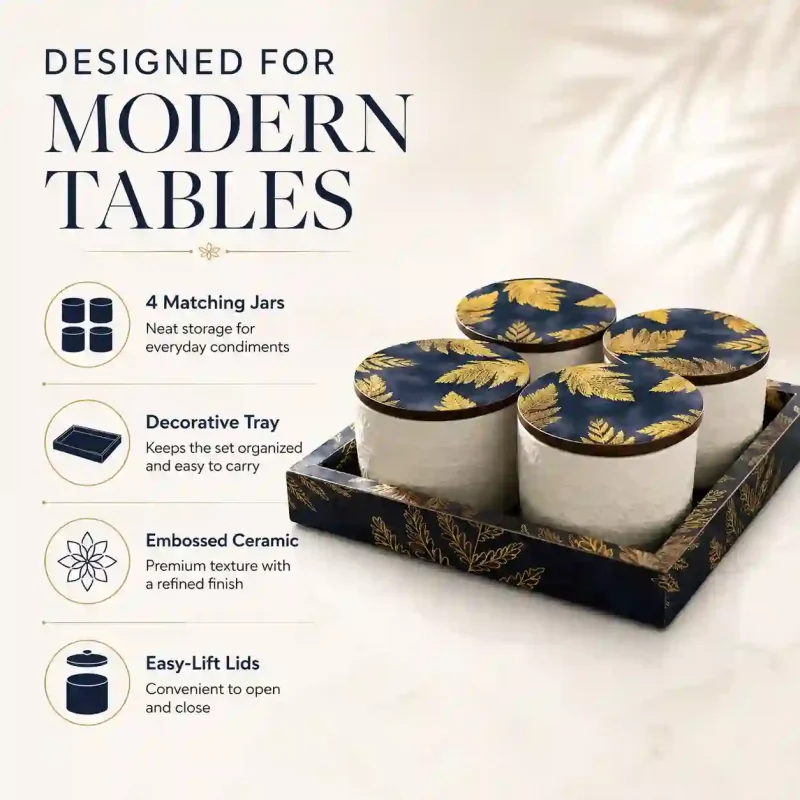 Condiment Set with Lids-4 Jars & Tray (Set of 1)