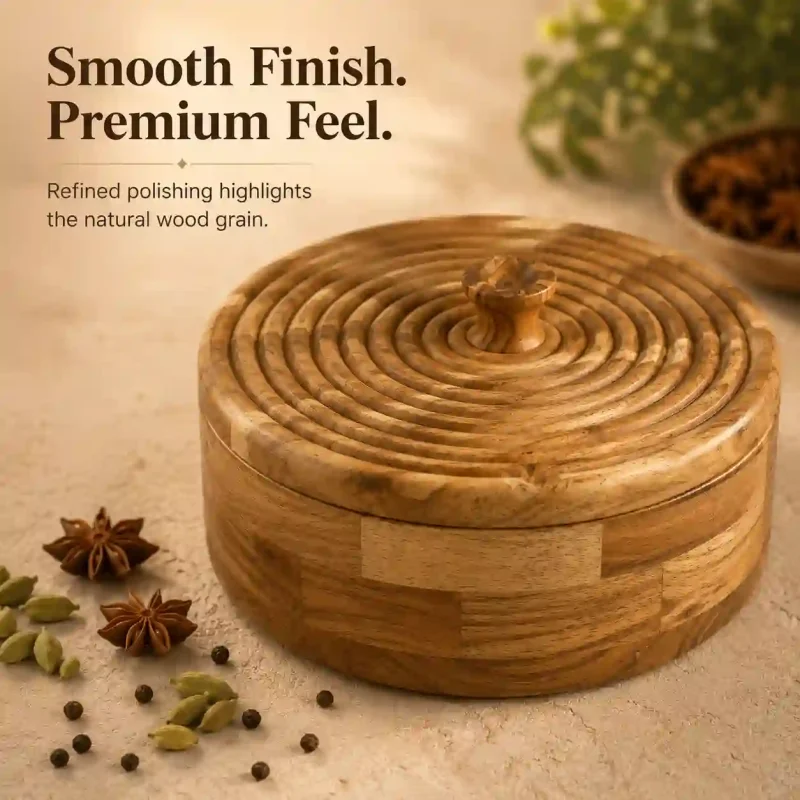 Stunning Round Wooden Masala Box Premium Polished Organizer