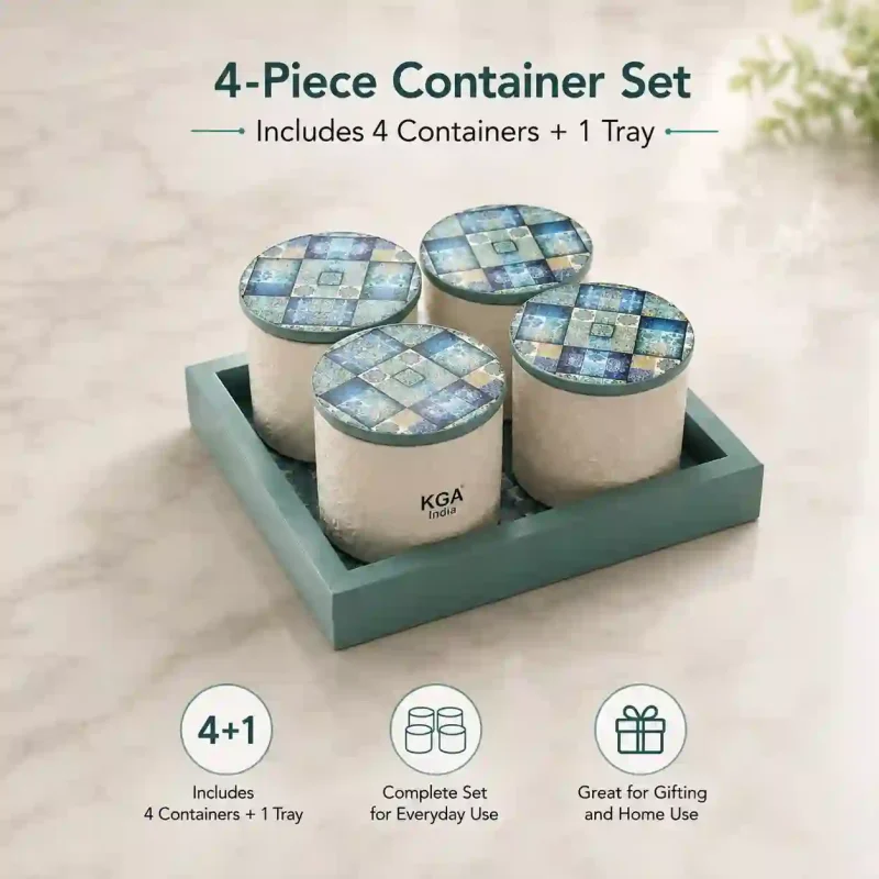 Blue & White Patterned Container-4 Pieces (Set of 1)