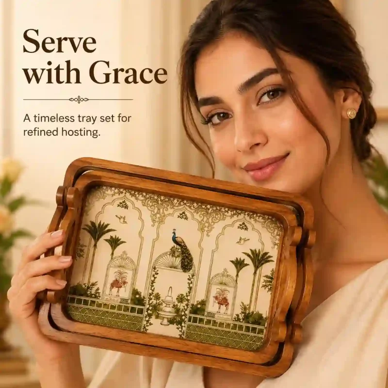 Elegant Palm Printed Serving Tray Set | Large & Medium (2-Piece)