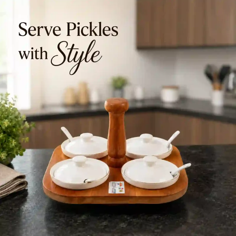Revolving Pickle Set - 4 Pcs with Wooden Stand (Set of 1)
