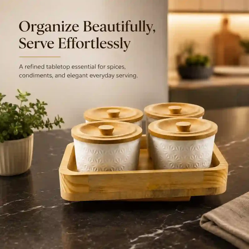 Revolving Luxury Spice 4 Jars-with Wooden Tray-Kitchen (Set of 1)