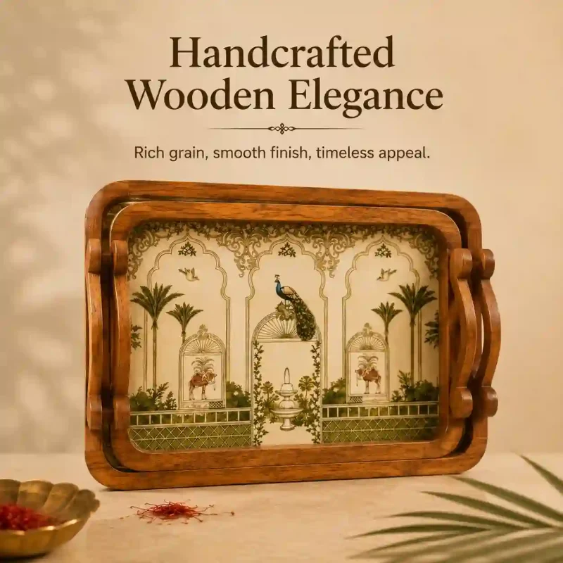 Elegant Palm Printed Serving Tray Set | Large & Medium (2-Piece)
