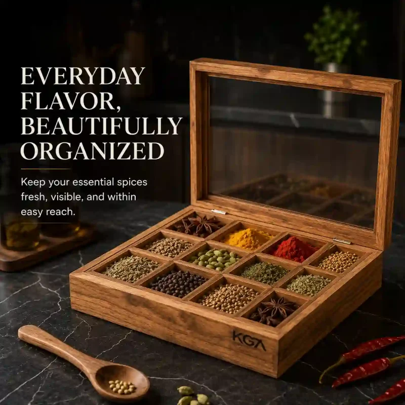 Stunning Artisan Wooden Masala Box 12 Compartment Large