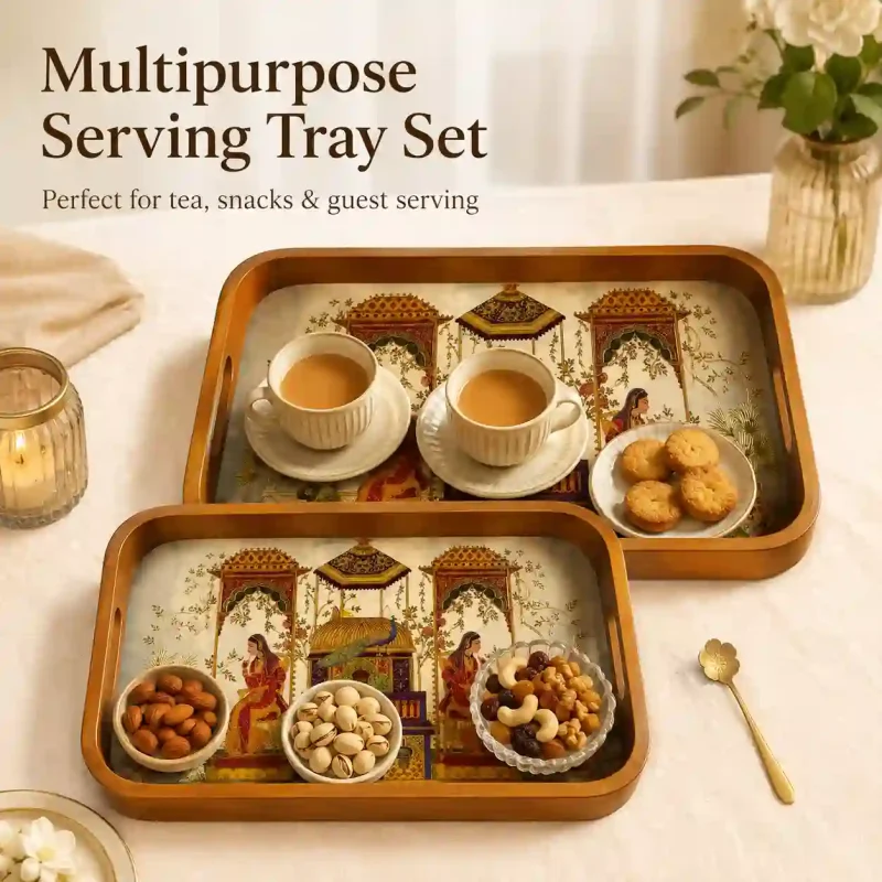 Multipurpose Wooden 2 Pieces Tray-Rectangle Serving (Set of 1)