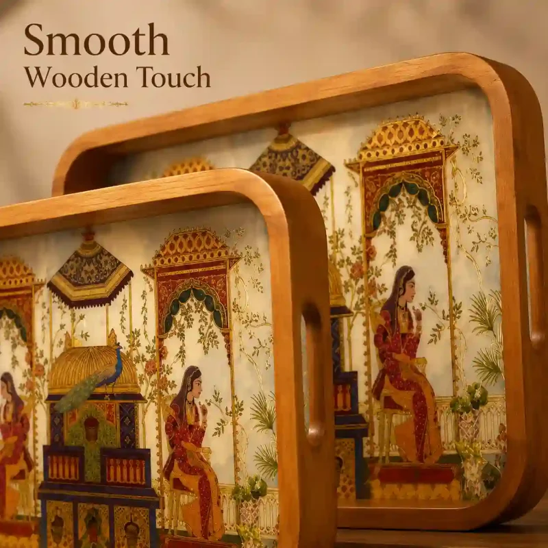 Multipurpose Wooden 2 Pieces Tray-Rectangle Serving (Set of 1)