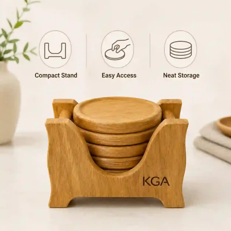 Round Wooden Coaster Set - 6 Pcs (Set of 1)