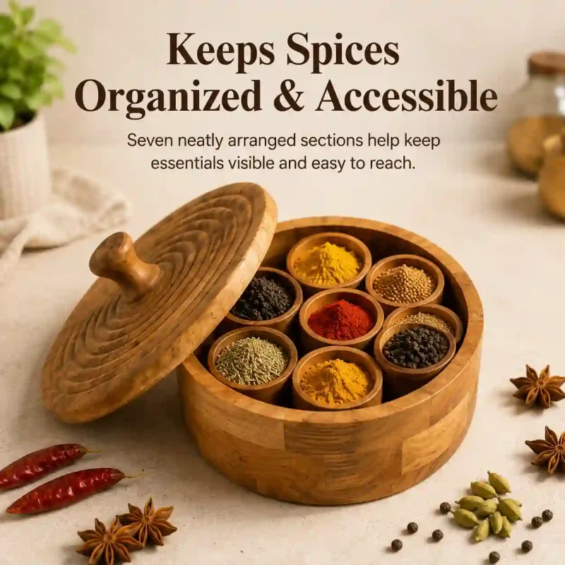 Stunning Round Wooden Masala Box Premium Polished Organizer