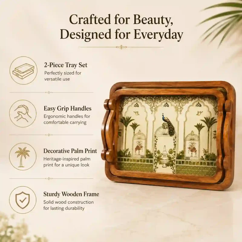Elegant Palm Printed Serving Tray Set | Large & Medium (2-Piece)
