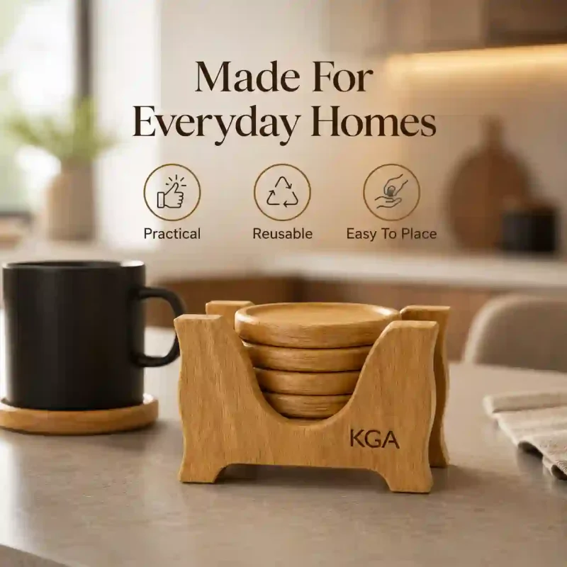 Round Wooden Coaster Set - 6 Pcs (Set of 1)