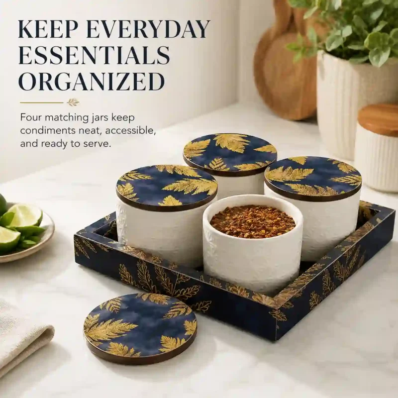 Condiment Set with Lids-4 Jars & Tray (Set of 1)