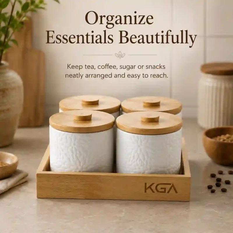 Imperio Ceramic Storage 4 Jar-with Art Wooden Lid (Set of 1)
