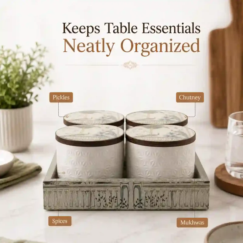 Condiment 4 Pcs Jar Set with Tray- And Lids (Set of 1)