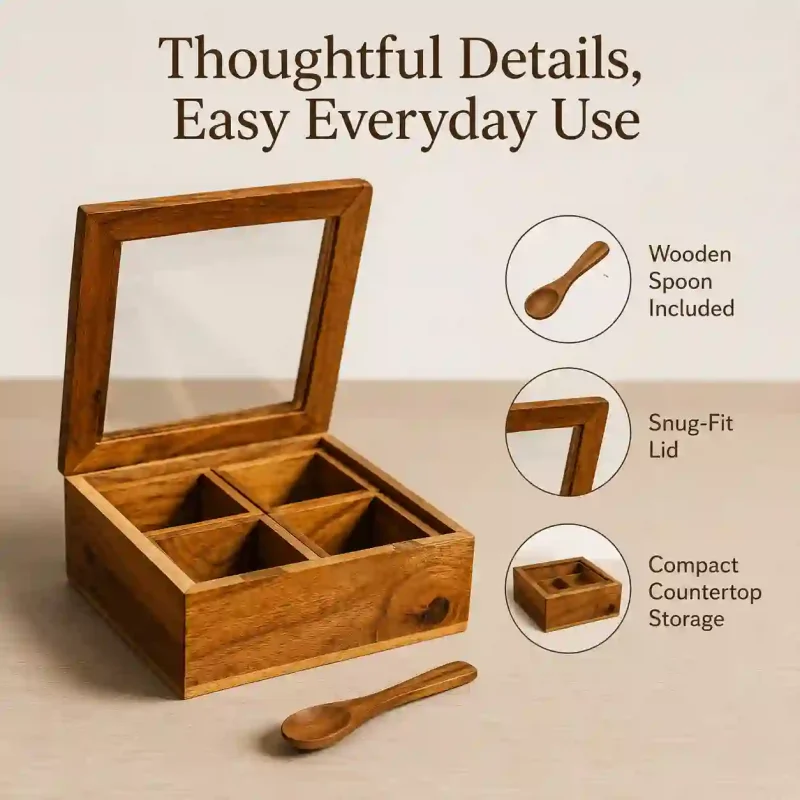 Ultimate Handcrafted Spice Box With Spoon 4 Partitions