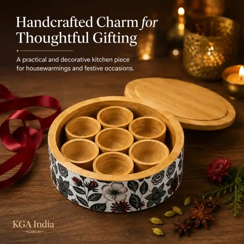 Wooden Masala Box-7 Small Bowls-Spice Organizer (Set of 1)