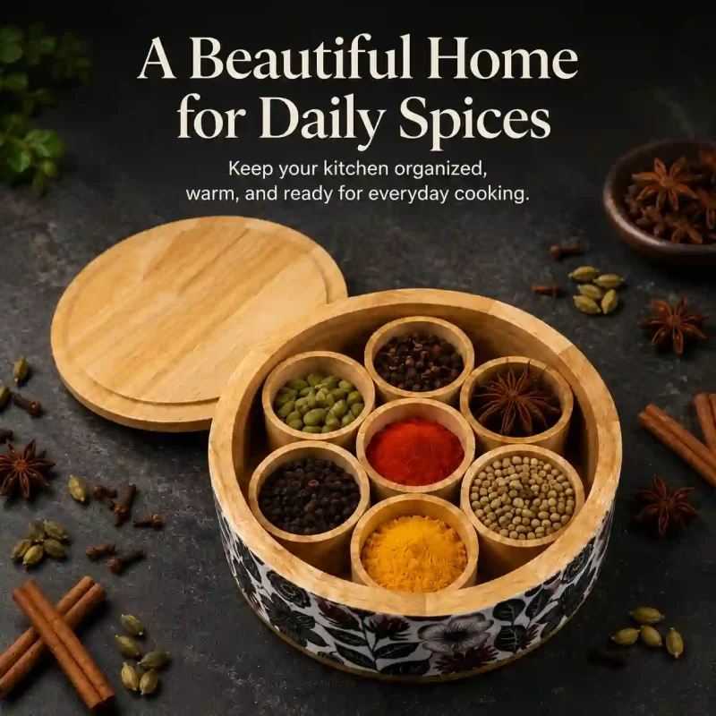 Wooden Masala Box-7 Small Bowls-Spice Organizer (Set of 1)