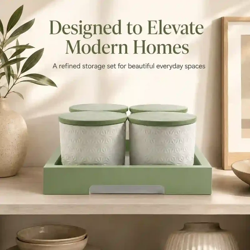 Green Storage Jars 4 Pieces with Tray-Food (Set of 1)