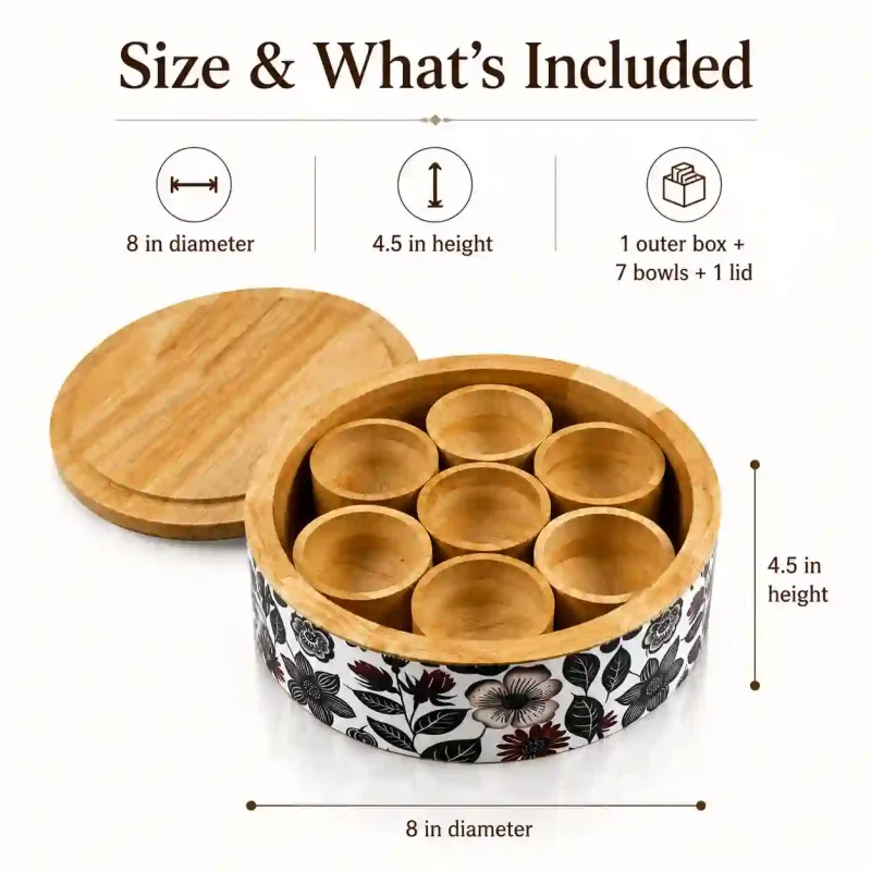 Wooden Masala Box-7 Small Bowls-Spice Organizer (Set of 1)