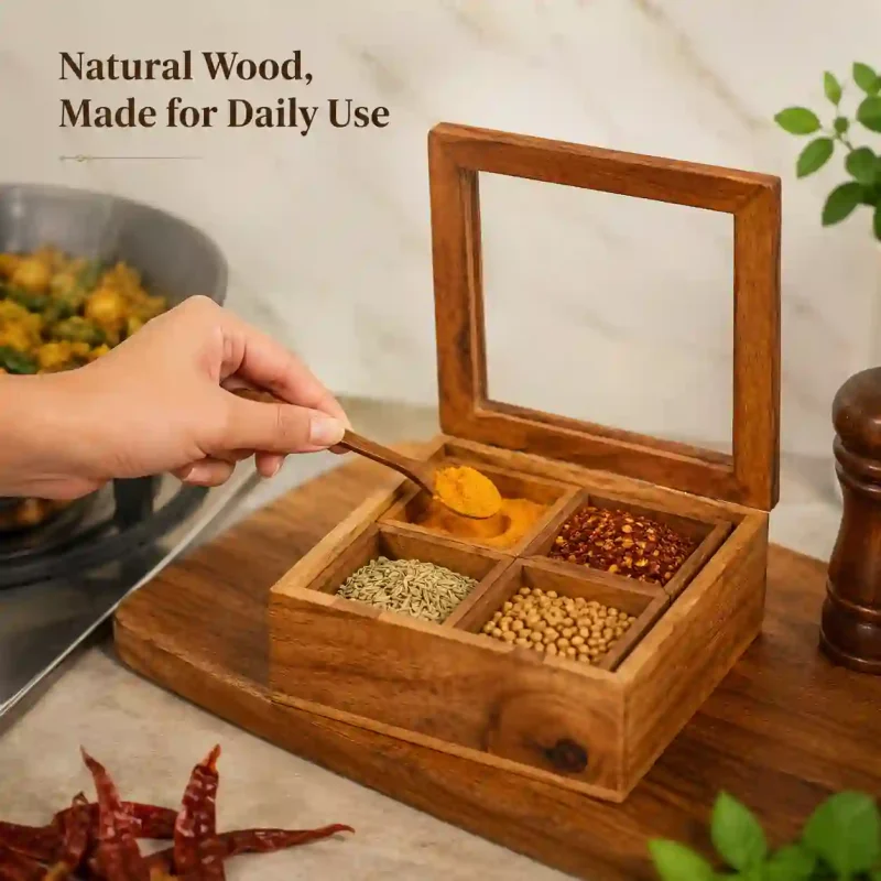 Ultimate Handcrafted Spice Box With Spoon 4 Partitions