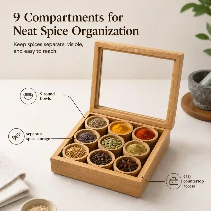 Wooden Masala Box-9 Compartment-Handcrafted (Set of 1)