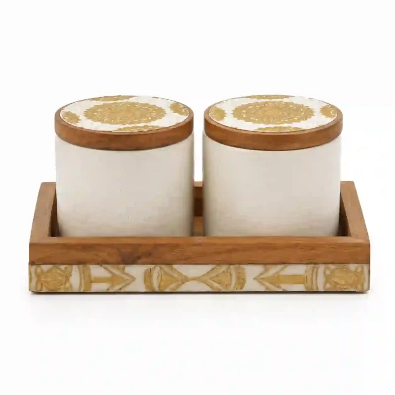 Ceramic Jar Set-2 Pieces Speckled Ivory-Wood Lid (Set of 1)