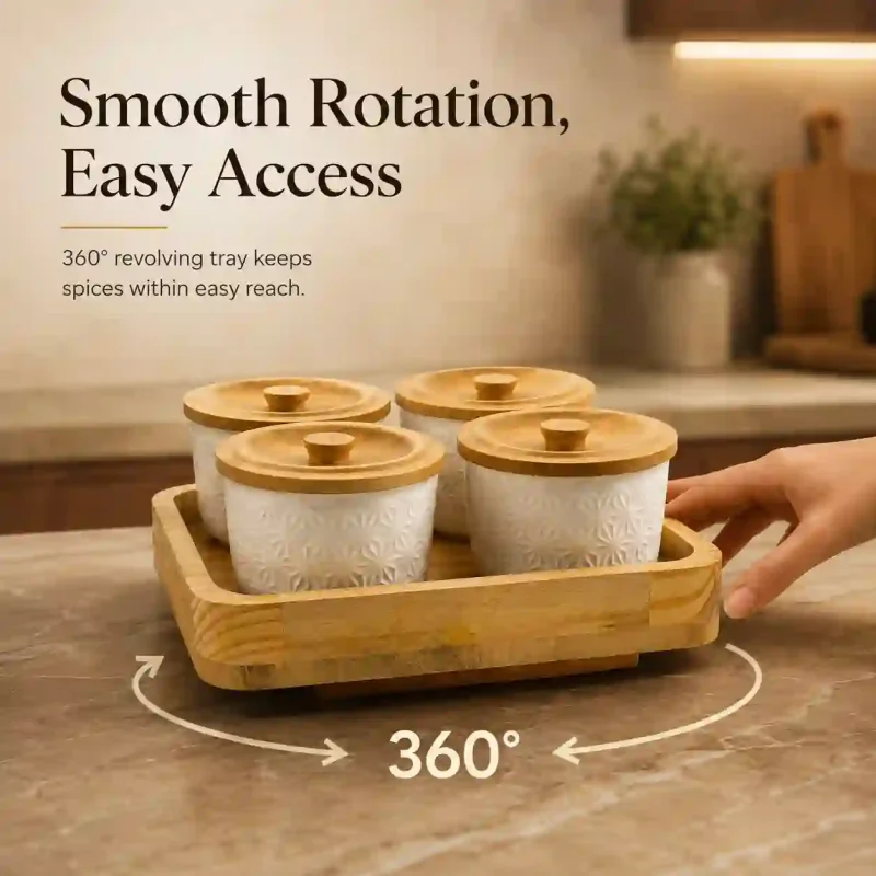 Revolving Luxury Spice 4 Jars-with Wooden Tray-Kitchen (Set of 1)