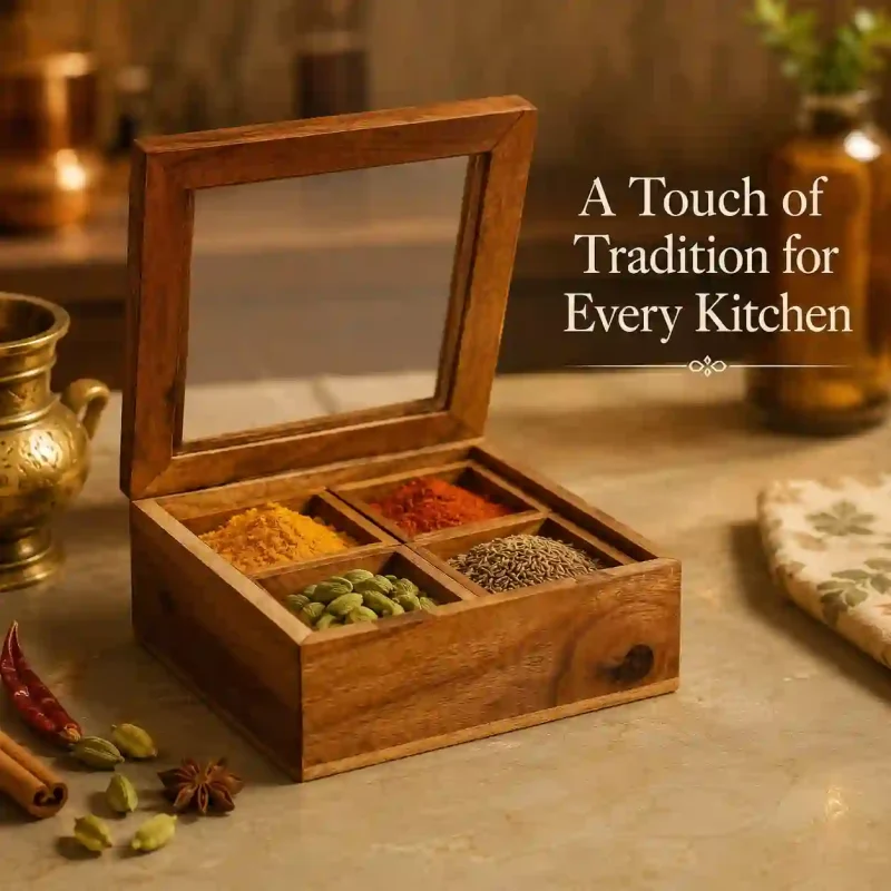 Ultimate Handcrafted Spice Box With Spoon 4 Partitions