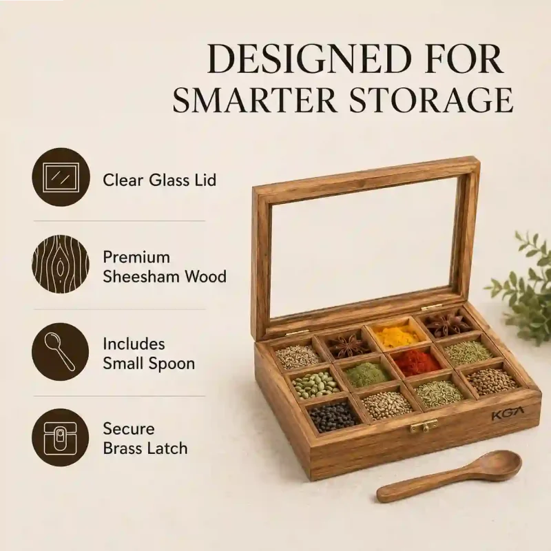Stunning Artisan Wooden Masala Box 12 Compartment Large