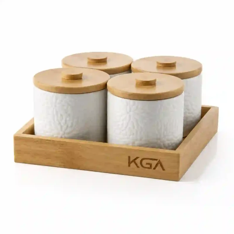 Imperio Ceramic Storage 4 Jar-with Art Wooden Lid (Set of 1)