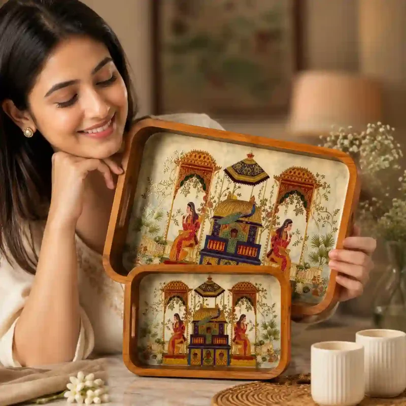 Multipurpose Wooden 2 Pieces Tray-Rectangle Serving (Set of 1)