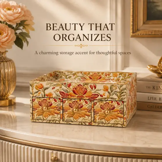 Handcrafted Royal Wooden Storage Box-3 Drawer-Floral (Set of 1)