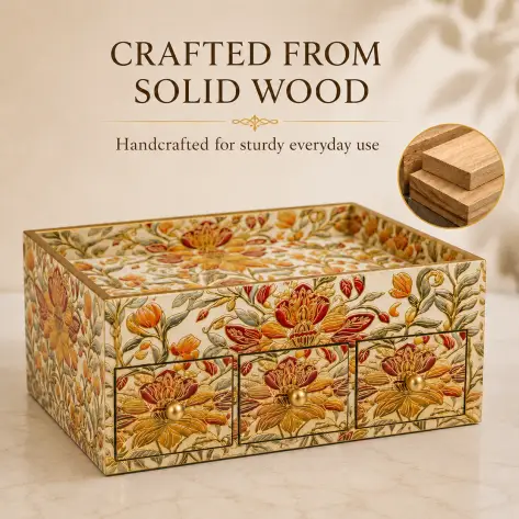 Handcrafted Royal Wooden Storage Box-3 Drawer-Floral (Set of 1)