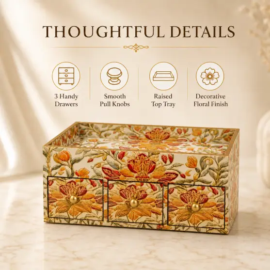 Handcrafted Royal Wooden Storage Box-3 Drawer-Floral (Set of 1)