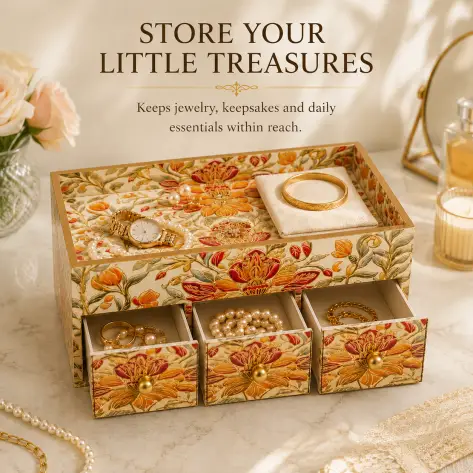 Handcrafted Royal Wooden Storage Box-3 Drawer-Floral (Set of 1)