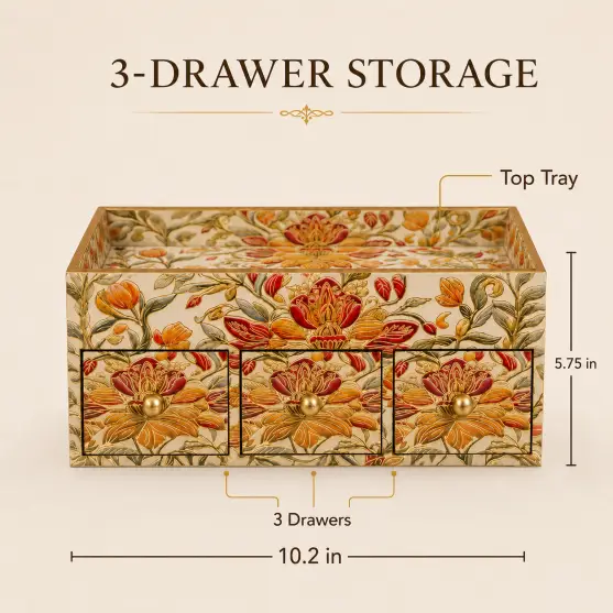 Handcrafted Royal Wooden Storage Box-3 Drawer-Floral (Set of 1)
