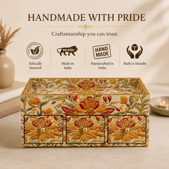 Handcrafted Royal Wooden Storage Box-3 Drawer-Floral (Set of 1)