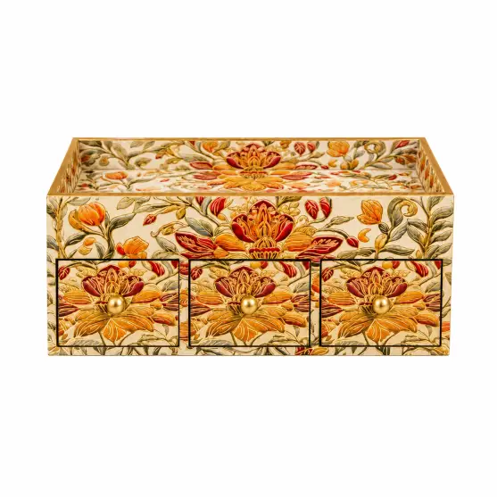 Handcrafted Royal Wooden Storage Box-3 Drawer-Floral (Set of 1)