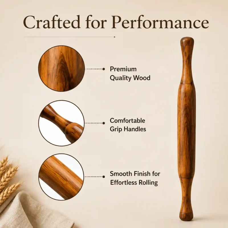 KGA Premium Wooden Belan | Belani Rolling Pin for Roti, Chapati, Paratha, Papad | Handmade Wood Belan for Kitchen | Set of 1