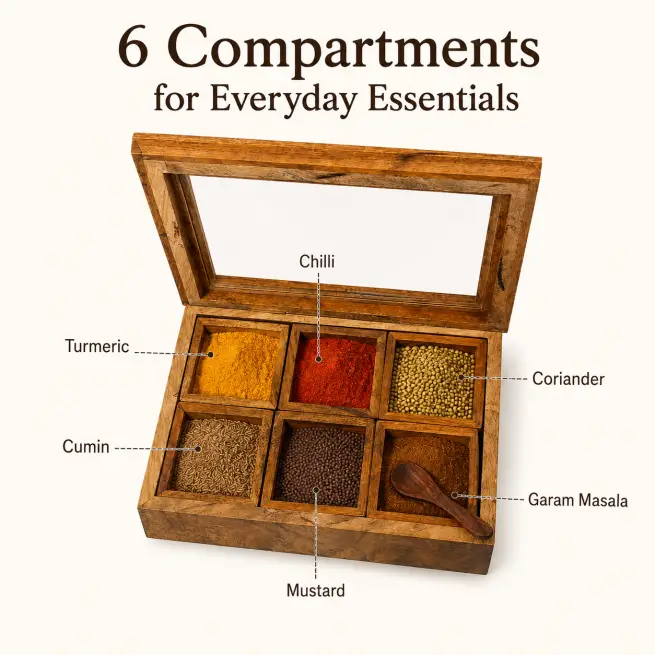 Perfect Wooden Masala Box 6 Compartments – Buy Premium Handcrafted Storage