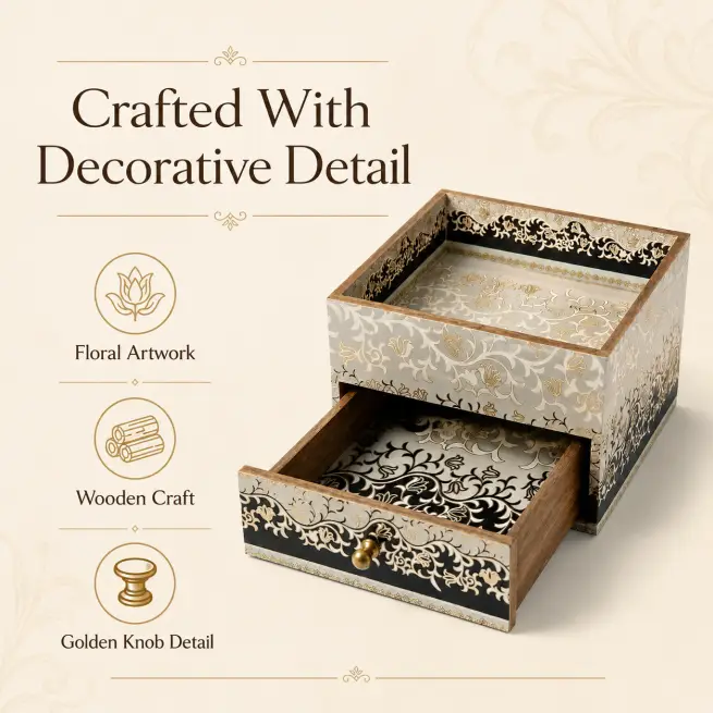Royal Wooden Storage Box - Handcrafted Decor (Set of 1)