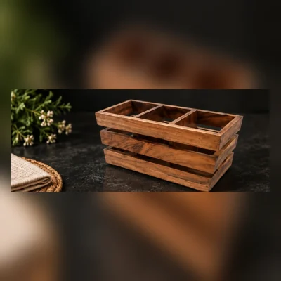 Wooden Cutlery Holder | 3 Partition Stand