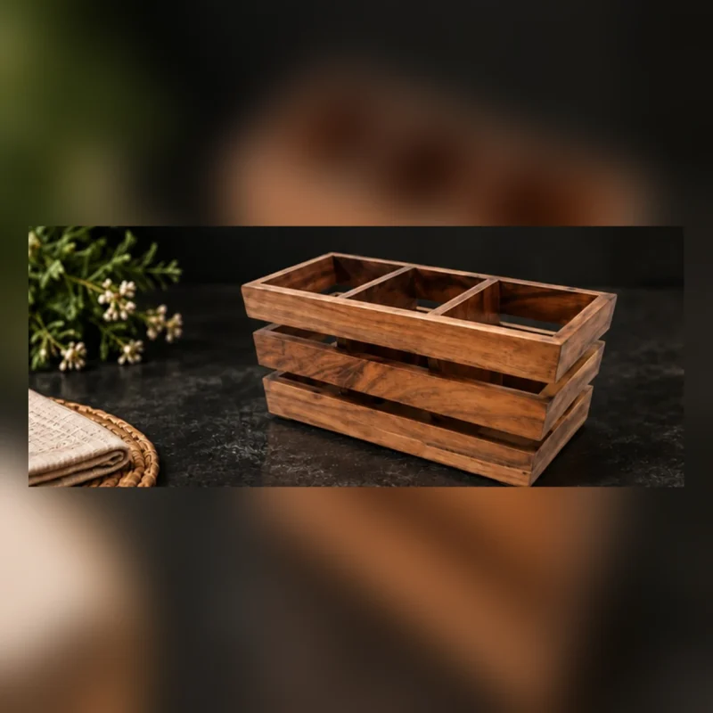 Wooden Cutlery Holder | 3 Partition Stand