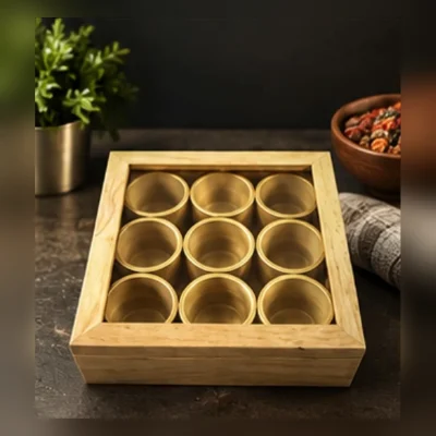 English Wood Masala Box | 9 Stackable Bowls