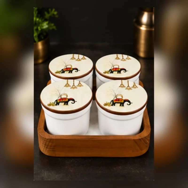 Aura Deluxe Candy Jar Set | 4 Printed Jars with Tray