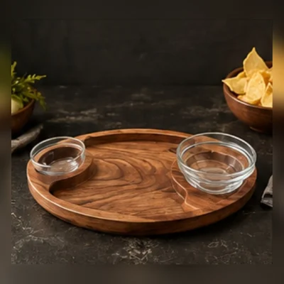 Wooden Chip n Dip Platter | Tray with 2 Bowls